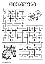 Labyrinth-Rätsel zum Drucken 'Eule mit Lampe sucht den Weg zum Ast'