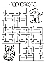 Labyrinth-Rätsel zum Drucken 'Eule mit Schal sucht den Weg zum Höhlenbaum'