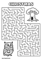 Labyrinth-Rätsel zum Drucken 'Eule mit Schal sucht den Weg zum Höhlenbaum'