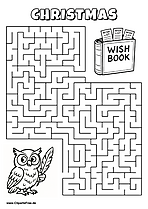 Labyrinth-Rätsel zum Drucken 'Eule sucht den Weg zum Buch mit Wunschzetteln'