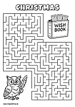 Labyrinth-Rätsel zum Drucken 'Eule sucht den Weg zum Buch mit Wunschzetteln'