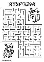 Labyrinth-Rätsel zum Drucken 'Eule sucht den Weg zur Geschenkkiste'