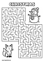 Labyrinth-Rätsel zum Drucken 'Fuchs mit Geschenk sucht den Weg zur Party'