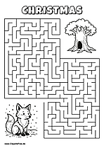 Labyrinth-Rätsel zum Drucken 'Fuchs mit Schneeball sucht den Weg zum Schneemann'