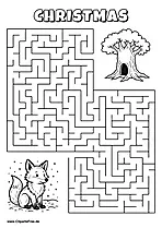 Labyrinth-Rätsel zum Drucken 'Fuchs mit Schneeball sucht den Weg zum Schneemann'