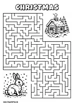 Labyrinth-Rätsel zum Drucken 'Hase im Schnee sucht den Weg zur Winterhütte'