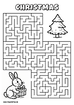 Labyrinth-Rätsel zum Drucken 'Hase mit Geschenk sucht den Weg zum Tannenbaum'