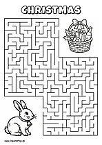 Labyrinth-Rätsel zum Drucken 'Hase mit Glocke sucht den Weg zum Weihnachtskorb'