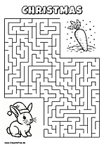 Labyrinth-Rätsel zum Drucken 'Hase mit Weihnachtsmütze sucht den Weg zur Möhre'