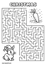 Labyrinth-Rätsel zum Drucken 'Hase mit Weihnachtsmütze sucht den Weg zur Möhre'