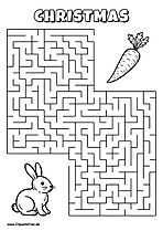 Labyrinth-Rätsel zum Drucken 'Kaninchen im Winter sucht den Weg zur leckeren Karotte'