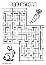 Labyrinth-Rätsel zum Drucken 'Kaninchen im Winter sucht den Weg zur leckeren Karotte'