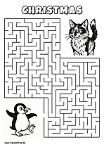 Labyrinth-Rätsel zum Drucken 'Pinguin beim Tanzen sucht den Weg zur Katze'