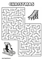 Labyrinth-Rätsel zum Drucken 'Pinguin im Schlitten sucht den Weg zur Rutsche'
