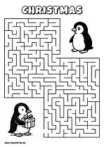 Labyrinth-Rätsel zum Drucken 'Pinguin mit Geschenk sucht den Weg zum anderen Pinguin'