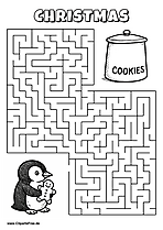 Labyrinth-Rätsel zum Drucken 'Pinguin mit Lebkuchen sucht den Weg zur Keksdose'