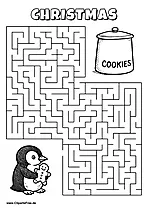 Labyrinth-Rätsel zum Drucken 'Pinguin mit Lebkuchen sucht den Weg zur Keksdose'