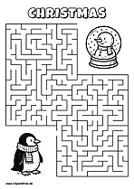 Labyrinth-Rätsel zum Drucken 'Pinguin mit Schal sucht den Weg zur Schneekugel'
