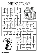 Labyrinth-Rätsel zum Drucken 'Pinguin mit Schirm sucht den Weg zum Haus'