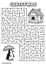 Labyrinth-Rätsel zum Drucken 'Pinguin mit Schirm sucht den Weg zum Haus'