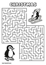 Labyrinth-Rätsel zum Drucken 'Pinguin mit Schlittschuhen sucht den Weg zu seinem Kind'