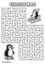 Labyrinth-Rätsel zum Drucken 'Pinguin mit Schlittschuhen sucht den Weg zu seinem Kind'