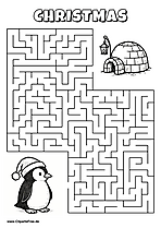 Labyrinth-Rätsel zum Drucken 'Pinguin mit Weihnachtsmütze sucht den Weg zum Iglu'