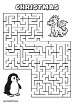 Labyrinth-Rätsel zum Drucken 'Pinguin sucht den Weg zum kleinen Drachen'