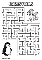 Labyrinth-Rätsel zum Drucken 'Pinguin sucht den Weg zum kleinen Drachen'