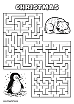 Labyrinth-Rätsel zum Drucken 'Pinguin sucht den Weg zum schlafenden Eisbär'