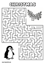 Labyrinth-Rätsel zum Drucken 'Pinguin sucht den Weg zur Weihnachtsgirlande'