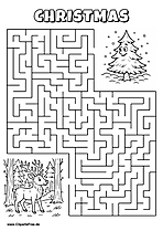 Labyrinth-Rätsel zum Drucken 'Rentier im Wald sucht den Weg zur Tanne'