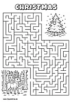 Labyrinth-Rätsel zum Drucken 'Rentier im Wald sucht den Weg zur Tanne'