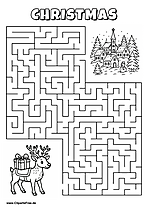 Labyrinth-Rätsel zum Drucken 'Rentier mit Geschenk sucht den Weg zum Weihnachtsdorf'