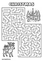 Labyrinth-Rätsel zum Drucken 'Rentier mit Geschenk sucht den Weg zum Weihnachtsdorf'