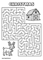 Labyrinth-Rätsel zum Drucken 'Rentier mit Glocke sucht den Weg zur Scheune mit Lichtern'