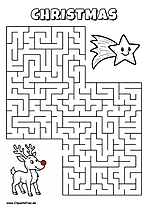 Labyrinth-Rätsel zum Drucken 'Rentier mit roter Nase sucht den Weg zur Sternschnuppe'