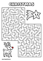 Labyrinth-Rätsel zum Drucken 'Rentier mit roter Nase sucht den Weg zur Sternschnuppe'