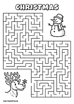 Labyrinth-Rätsel zum Drucken 'Rentier mit Schneeflocke sucht den Weg zum Schneemann'