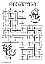 Labyrinth-Rätsel zum Drucken 'Rentier mit Schneeflocke sucht den Weg zum Schneemann'