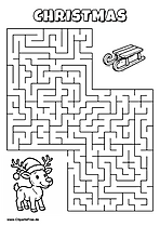 Labyrinth-Rätsel zum Drucken 'Rentier mit Weihnachtsmütze sucht den Weg zum Schlitten'