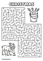 Labyrinth-Rätsel zum Drucken 'Rentier sucht den Weg zum Eimer mit Karotten'