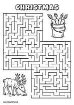 Labyrinth-Rätsel zum Drucken 'Rentier sucht den Weg zum Eimer mit Karotten'