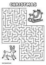 Labyrinth-Rätsel zum Drucken 'Rentier sucht den Weg zum Schlitten vom Weihnachtsmann'