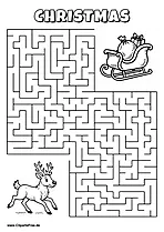Labyrinth-Rätsel zum Drucken 'Rentier sucht den Weg zum Schlitten vom Weihnachtsmann'