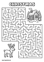 Labyrinth-Rätsel zum Drucken 'Rentier sucht den Weg zur warmen Winterhütte'