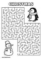 Labyrinth-Rätsel zum Drucken 'Schneemann mit Eimer sucht den Weg zum Pinguin'