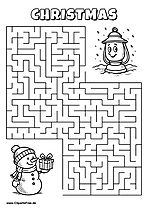 Labyrinth-Rätsel zum Drucken 'Schneemann mit Geschenkbox sucht den Weg zur Lampe'