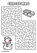 Labyrinth-Rätsel zum Drucken 'Schneemann mit roter Nase sucht den Weg zum Schlitten'