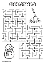 Labyrinth-Rätsel zum Drucken 'Schneemann mit Schal sucht den Weg zum Besen im Schnee'